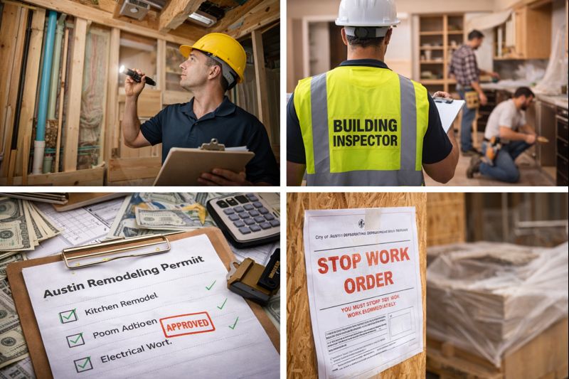 home remodeling inspection in Austin Texas showing contractor review, approved renovation permit, budget planning, and construction work