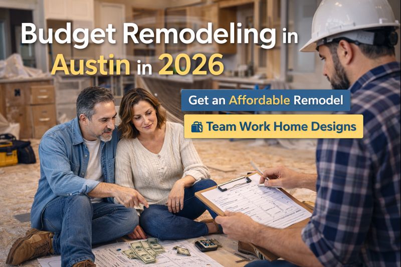 homeowners meeting with remodeling contractor in Austin Texas reviewing renovation plans and budget for home remodel in 2026