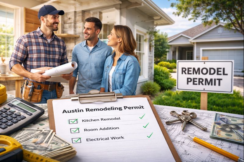 home remodeling inspection in Austin Texas showing contractor review, approved renovation permit, budget planning, and construction work